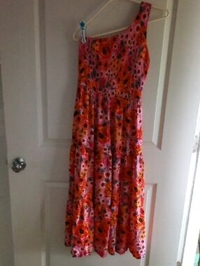 One-Shoulder Pink & Orange Floral Midi Dress